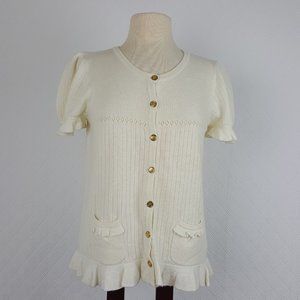 Juicy Couture Juniors Pleated Short Sleeve Sweater Ivory Button Front Size XL